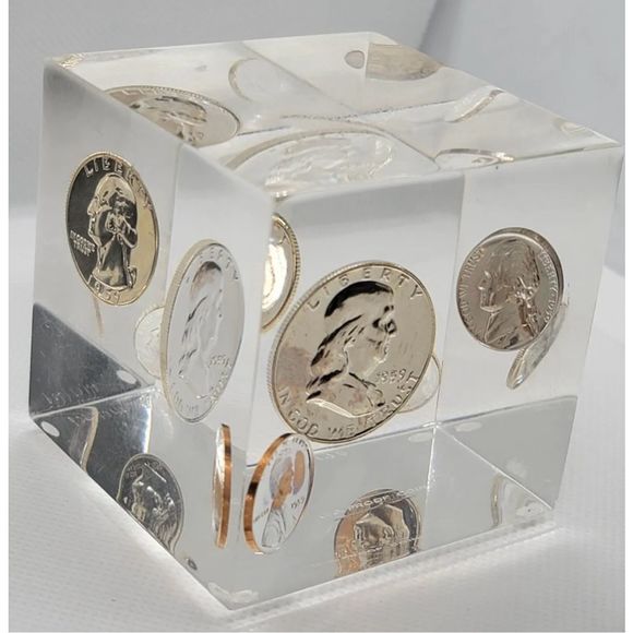 Vintage 1959 Floating Pop Art Lucite Clear Proof Coins Cube - Picture 1 of 11